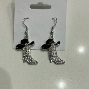 NWOT Silver Tone Black Cowgirl Hat W/Rhinestones And Rhinestone Boots Earrings